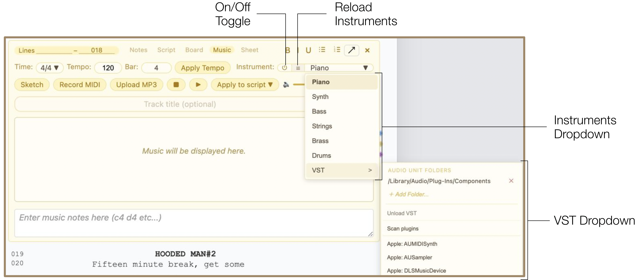 Music Settings panel showing Instruments dropdown and VST plugin management